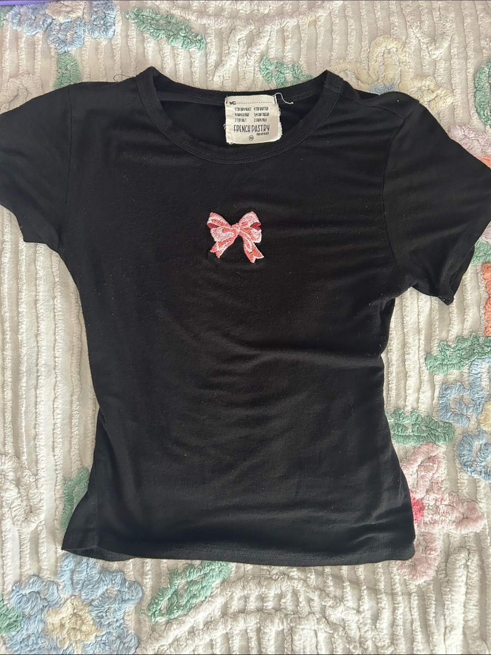 french pastry Black Short Sleeve Tee with Pink Bow Patch